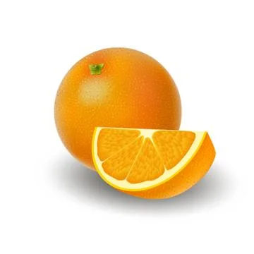 Isolated colored group of orange, slice and whole juicy fruit with shadow on  Illustrazione stock