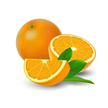 Isolated colored group of orange, slice, half and whole juicy fruit with gree Illustrazione stock