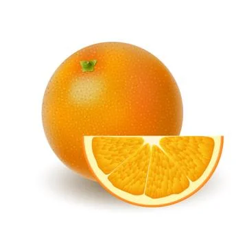 Isolated colored group of oranges, slice and whole juicy fruit with shadow on Stock Illustration