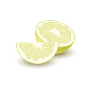 Isolated colored yellow slice and half of juicy pomelo with shadow on white b Stock Illustration