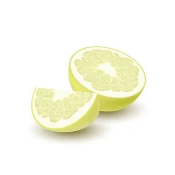 Isolated colored yellow slice and half of juicy pomelo with shadow on white b Stock Illustration