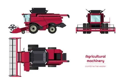 Isolated combine harvester. Side, front and top view of agriculture machinery Stock Illustration