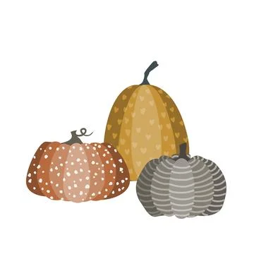 Isolated composition with three pumpkin with doodle ornament. Flat vector Stock Illustration