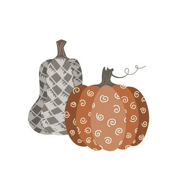 Isolated composition with two pumpkin with doodle ornament. Flat vector Stock Illustration