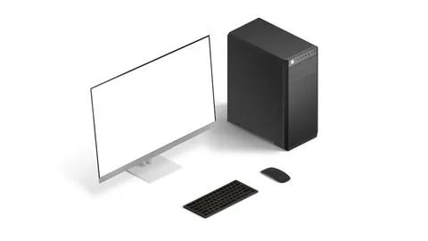 Isolated computer display, case, keyboard and mouse in isometric position Stock Photos