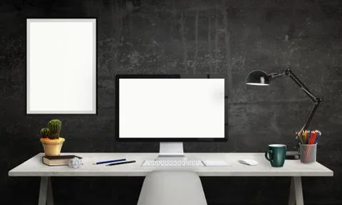 Isolated computer display for mockup. Office interior with window, lamp, plant,  Stock Photos