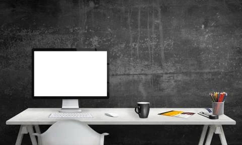 Isolated computer display for mockup in office interior. 스톡 사진