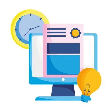 Isolated computer light bulb clock and diplom vector design Illustrazione stock