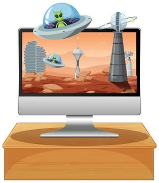 Isolated computer on the table with space theme desktop background Stock Illustration