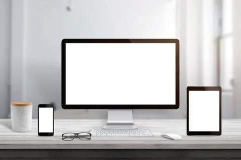 Isolated computer, tablet and smart phone display scene for responsive design Stock Photos
