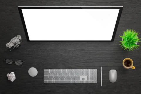 Isolated computer touch screen for mockup. Top view of black desk with camera Stock Photos