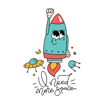 Isolated concept with cute comic retro cartoon rocket character with lettering Illustrazione stock
