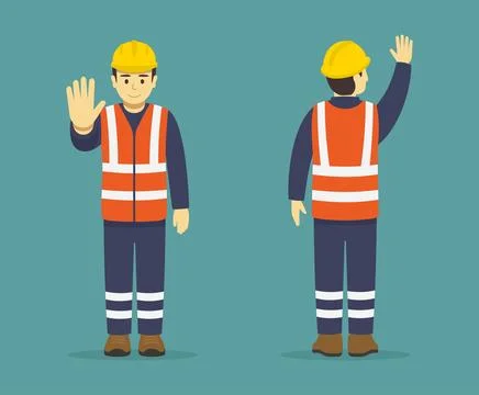 Isolated construction worker makes a stop gesture with his hand. Front and back Stock Illustration