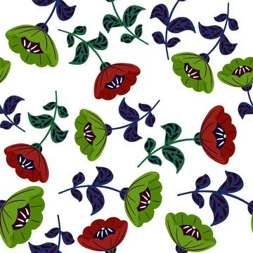 Isolated contrast seamless flora pattern with green and red colored vintage f Stock Illustration
