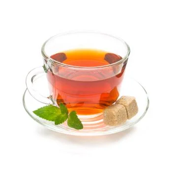 Isolated cup of black tea with mint leaves and sugar Stock Photos