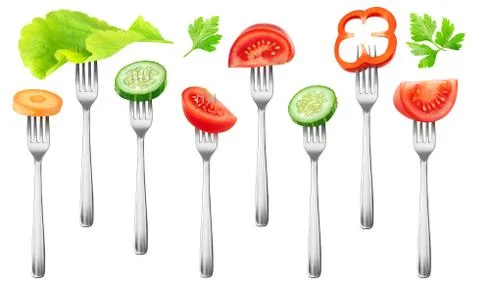 Isolated cut vegetables on a fork Foto stock