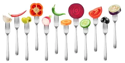 Isolated cut vegetables on a fork Foto stock