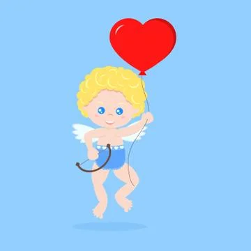 Isolated cute cupid in a floating pose with bow and red heart shape ballon Stock Illustration