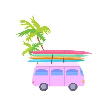 Isolated cute retro Lilac bus Colorful surfboards Vacation trip Tropical palm Stock Illustration