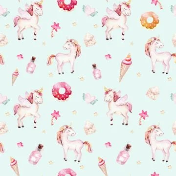Isolated cute watercolor unicorn pattern. Nursery rainbow unicorns aquarelle Foto stock