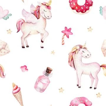 Isolated cute watercolor unicorn pattern. Nursery rainbow unicorns aquarelle Foto stock