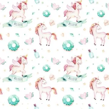 Isolated cute watercolor unicorn pattern. Nursery rainbow unicorns aquarelle Stock Photos