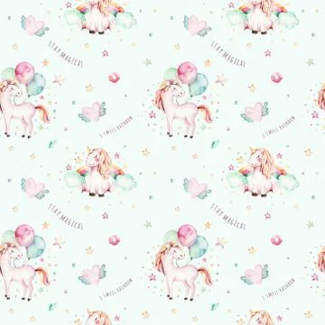 Isolated cute watercolor unicorn pattern. Nursery rainbow unicorns aquarelle Stock Photos
