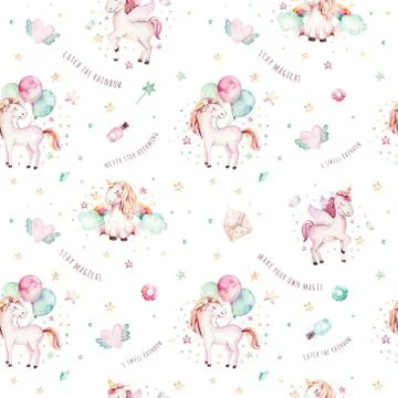 Isolated cute watercolor unicorn pattern. Nursery rainbow unicorns aquarelle Stock Photos