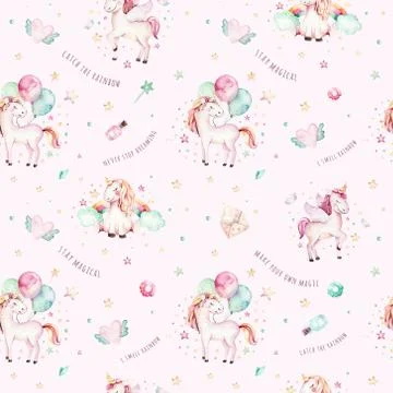 Isolated cute watercolor unicorn pattern. Nursery rainbow unicorns aquarelle Stock Photos