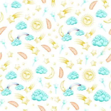 Isolated cute watercolour sleep sky pattern. aquarelle with clouds, Four-leaf Illustrazione stock