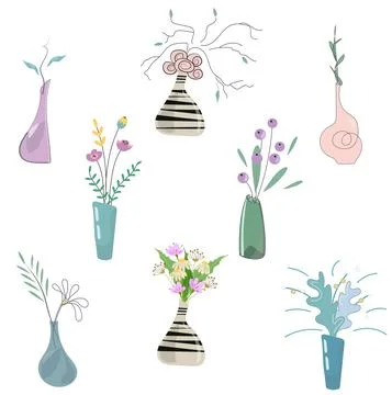 Isolated decorative home decor items. Graceful vases with flowers and plants. Illustrazione stock