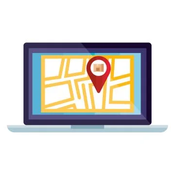 Isolated delivery box inside gps mark and laptop with map vector design Illustrazione stock