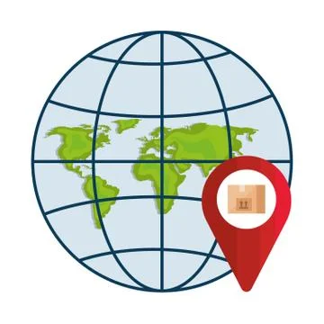 Isolated delivery box inside gps mark and world map sphere vector design Illustrazione stock