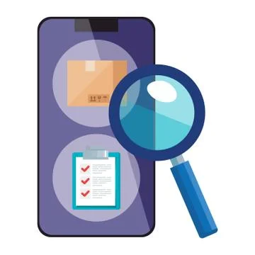 Isolated delivery box list document inside smartphone and lupe vector design Illustrazione stock