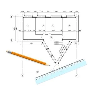 Isolated design for a building with ruler and pencil on white background Ilustración de archivo
