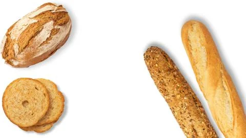 Isolated different kinds of bread on a white background. Photo of variety of  Stock Photos