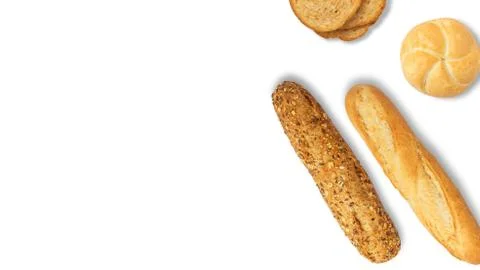 Isolated different kinds of bread on a white background. Photo of variety of  Stock Photos