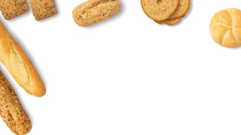 Isolated different kinds of bread on a white background. Photo of variety of  Stock Photos