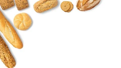 Isolated different kinds of bread on a white background. Photo of variety of  Stock Photos