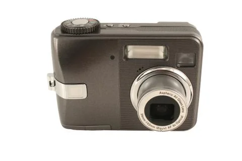 Isolated digital camera front on white Stock Photos