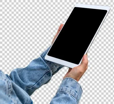 Isolated digital tablet with a blank screen in a female's hands wearing denim sl Stock Photos