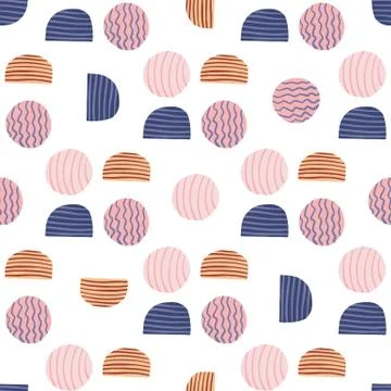 Isolated doodle abstract seamless pattern. Circle and halfs in pink, navy and Stockillustratie