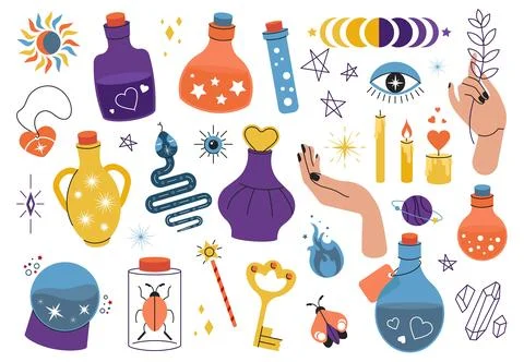 Isolated doodle magic elements. Witchcraft mystical icons, witch crystal globe Illustrazione stock