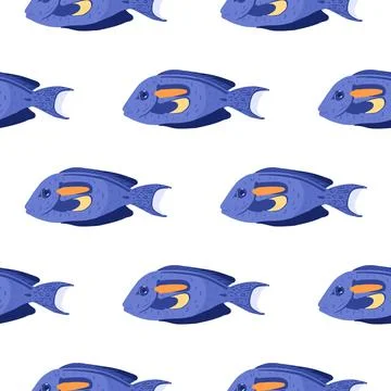 Isolated doodle ocean seamless pattern with bright blue surgeon fish shapes.  Illustrazione stock