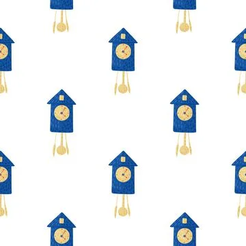 Isolated doodle seamless pattern with bright blue cuckoo clock ornament. Whit Illustrazione stock