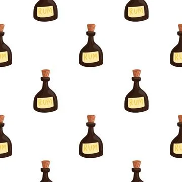 Isolated doodle seamless pattern with brown rum bottle elements. White backgr Stock Illustration