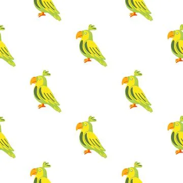Isolated doodle seamless pattern with green and yellow parrots bird ornament. Stock Illustration