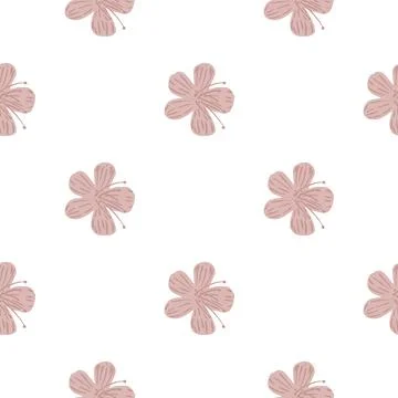 Isolated doodle seamless pattern with pastel pink simple flower ornament. Whi Stock Illustration