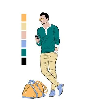Isolated drawing of a young man holding a telephone. Stock Illustration