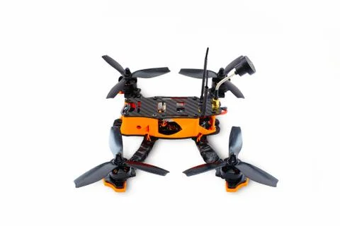 Isolated drones racing FPV quadrocopter made of carbon black, drone ready for Stock Photos